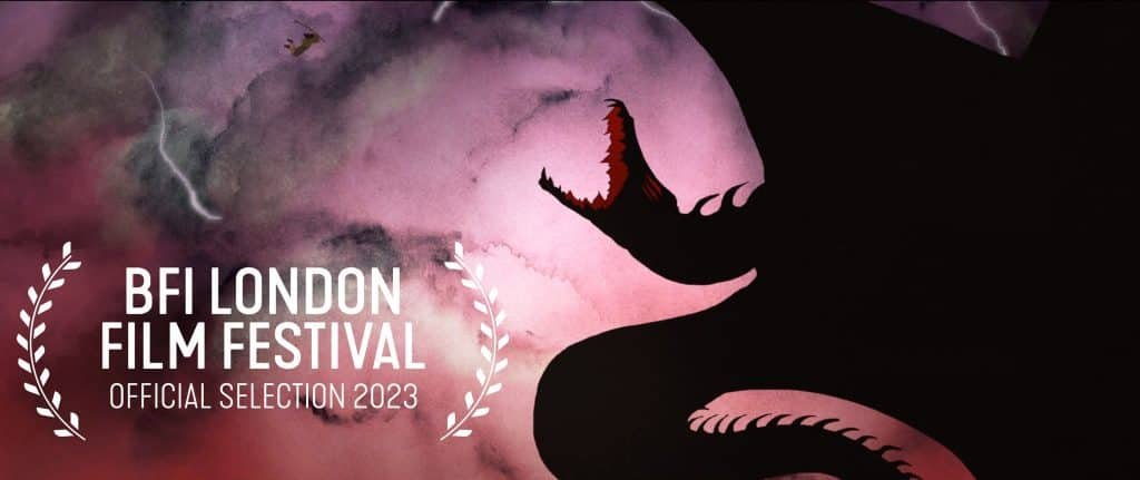 A shadow of a Dragon infant of a purple and pink background with a white London Film Festival selection logo